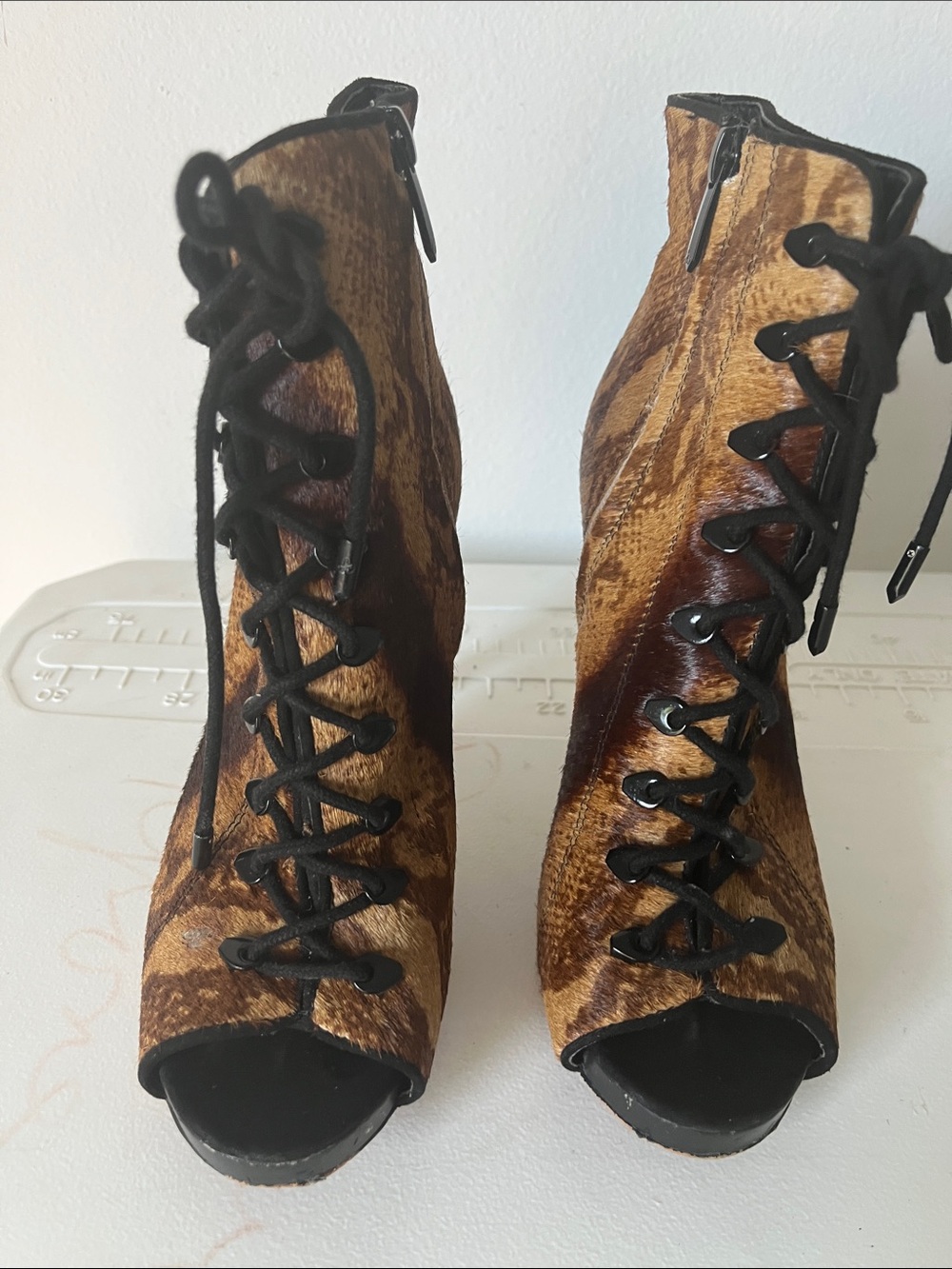 Sam Edelman Brown Animal Print Lace-Up Peep Toe Ankle Boots